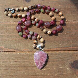 Pretty in Pink Thulite 24 Inch Beaded Necklace by Knottedup